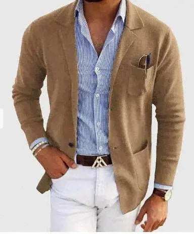 Men's tan double-button spring blazer from ZA-Zola, styled with a striped shirt and white pants.