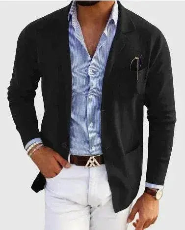 ZA-Zola men's printed double button spring blazer in black, styled with blue shirt and white pants