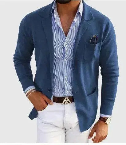 Men's blue double-button spring blazer from ZA-Zola, styled with striped shirt and white pants.