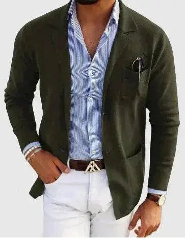 Men's printed double button spring blazer in olive green, styled with white pants and striped shirt, ZA-Zola fashion