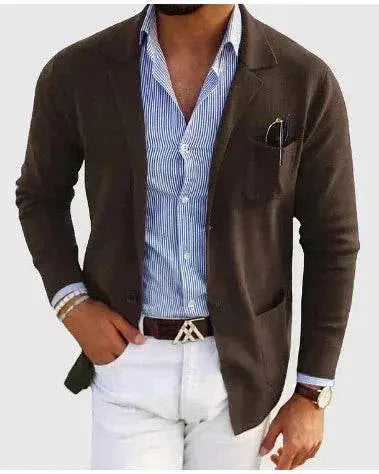 Men’s printed double-button spring blazer in brown, worn over blue striped shirt, from ZA-Zola.