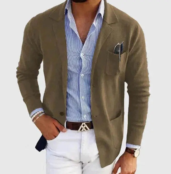 Men's printed double button spring blazer in khaki, blue striped shirt, ZA-Zola fashion