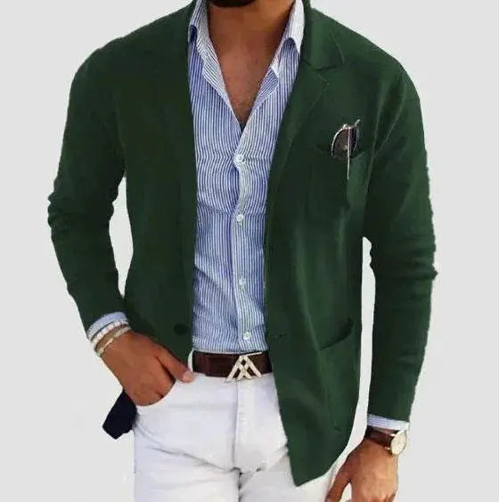 Men’s green double button spring blazer with striped shirt and white trousers from ZA-Zola