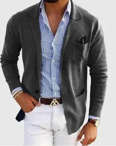 Men's printed double button spring blazer in dark grey from ZA-Zola, styled with white pants.