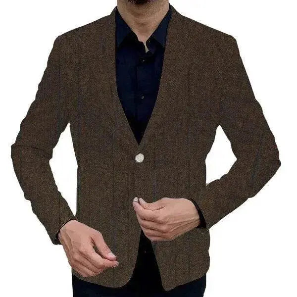 Men's brown printed double button spring blazer from ZA-Zola, styled with black shirt