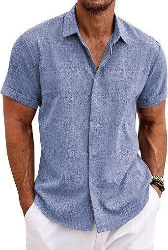 Men's short sleeve buckle shirt in light blue, casual fit, ZA-Zola UK fashion