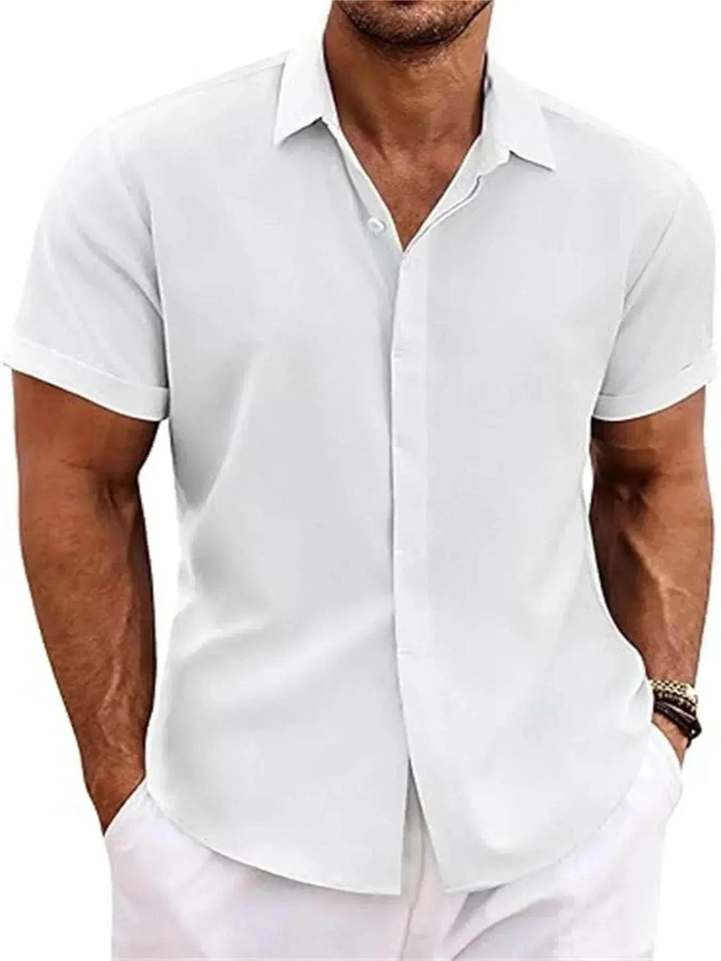 Men's white short sleeve shirt with collar, casual fit, ZA-Zola fashion style
