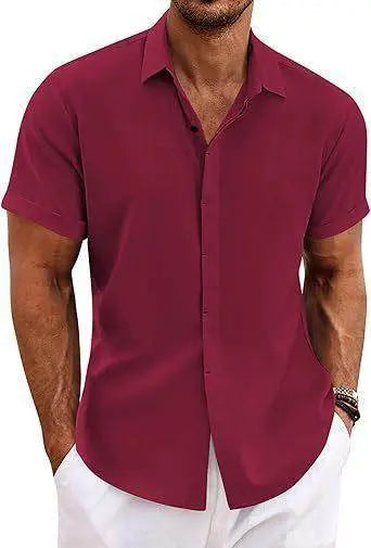 Men's short sleeve maroon button-up shirt from ZA-Zola, styled with white pants