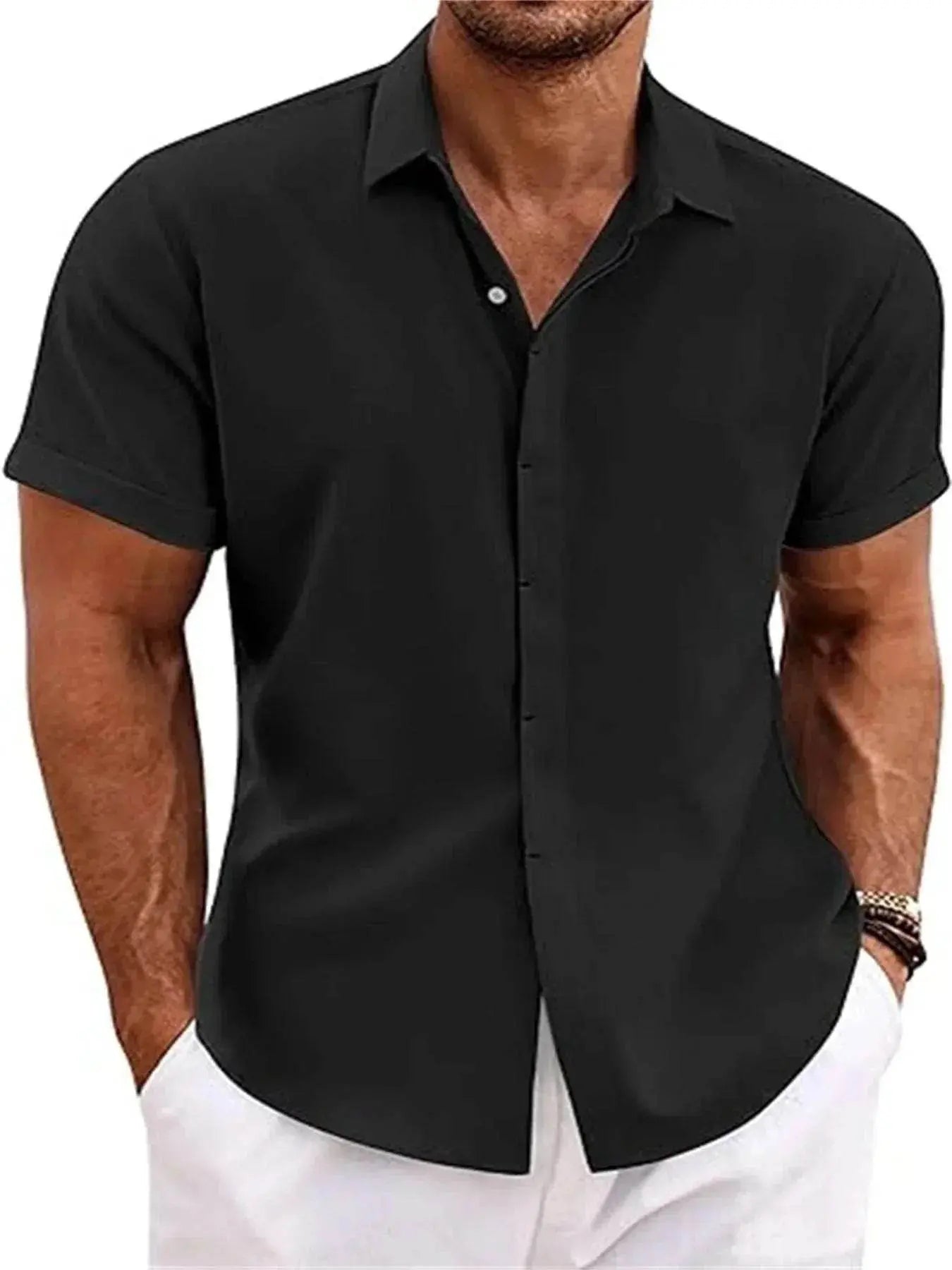 Men’s short sleeve black button-up shirt, casual fit, from ZA-Zola fashion collection.