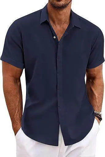 Men's short sleeve navy buckle shirt, relaxed fit, from ZA-Zola fashion collection