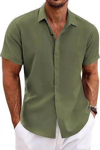 Men’s short sleeve olive green button-up shirt from ZA-Zola, casual fashion style