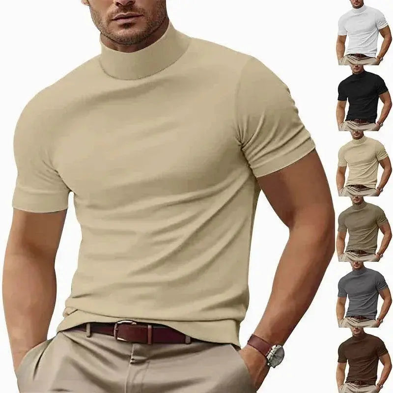 Men's slim fit casual t-shirt in beige, short sleeves, high neck, multiple color options, ZA-Zola fashion