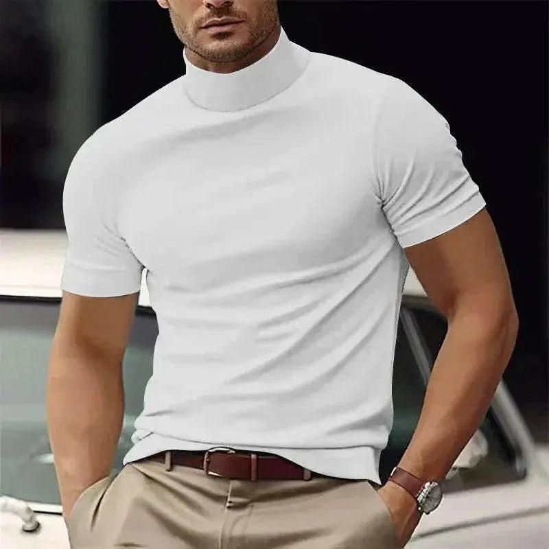 Men’s slim white casual t-shirt from ZA-Zola, styled for summer with beige trousers.