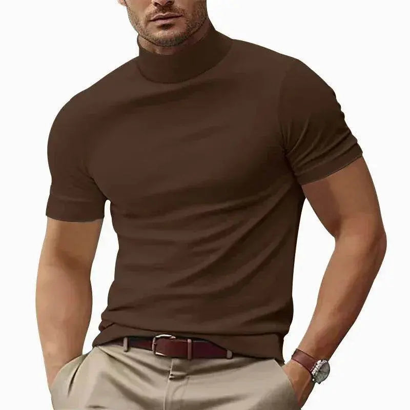 ZA-Zola men's slim brown casual t-shirt, short sleeves, styled with beige trousers