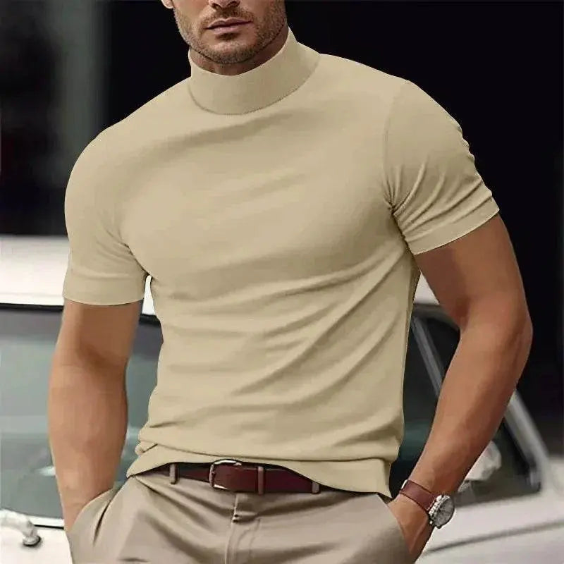 Men’s slim beige casual t-shirt with high neck, styled for summer by ZA-Zola UK.