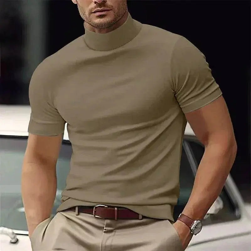 Men’s slim fit khaki t-shirt, short sleeves, summer style from ZA-Zola UK, worn outdoors.