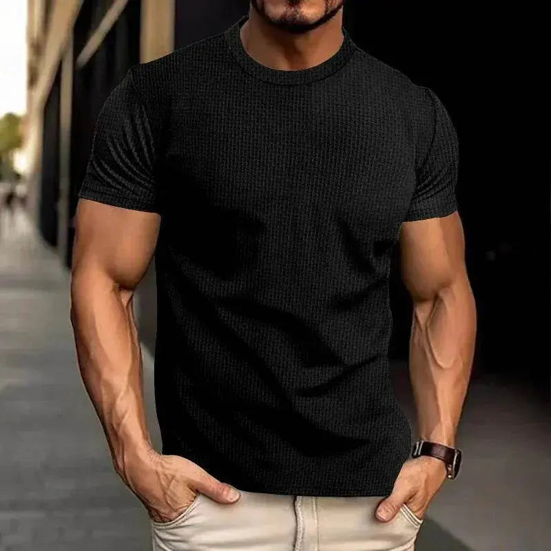 Men's slim fit black breathable casual top, short sleeves, styled by ZA-Zola outdoors