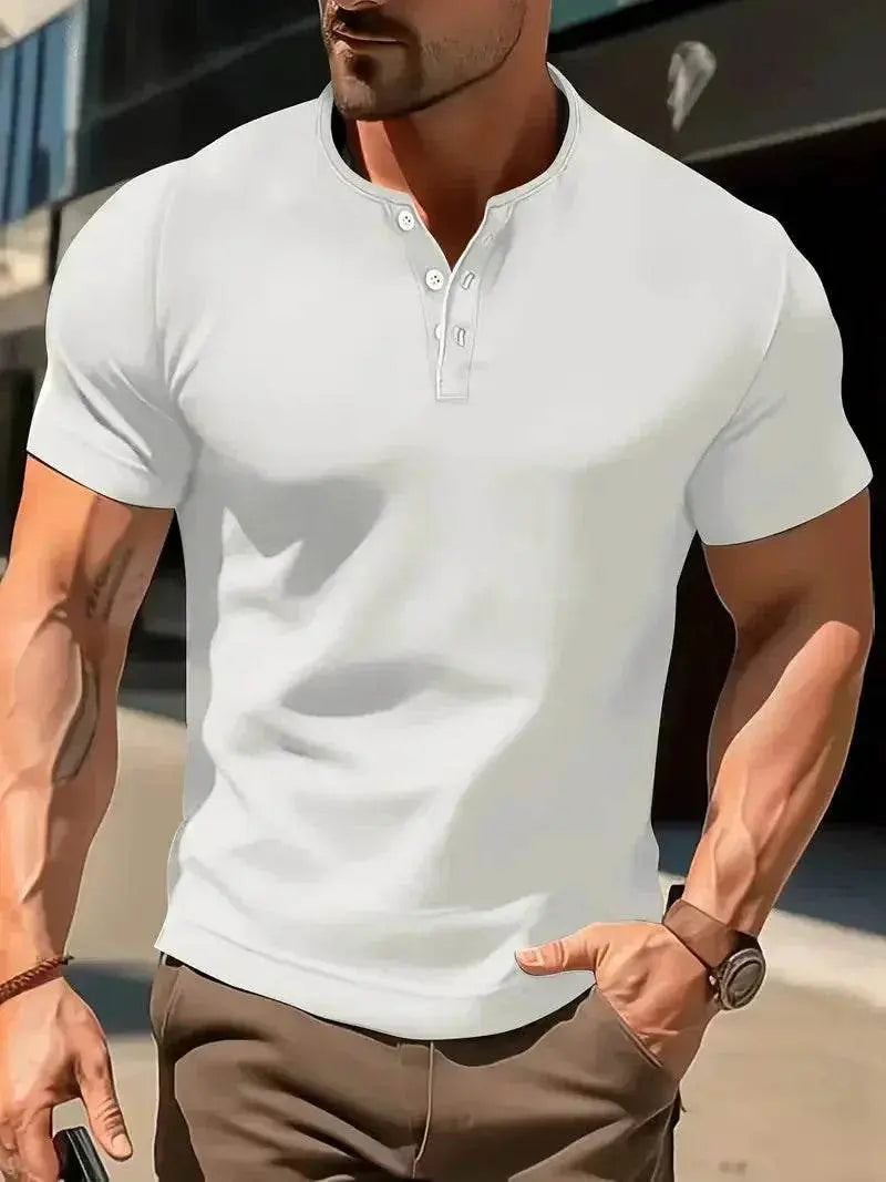 Men's slim-fit white short sleeve shirt with button collar, ZA-Zola casual fashion style