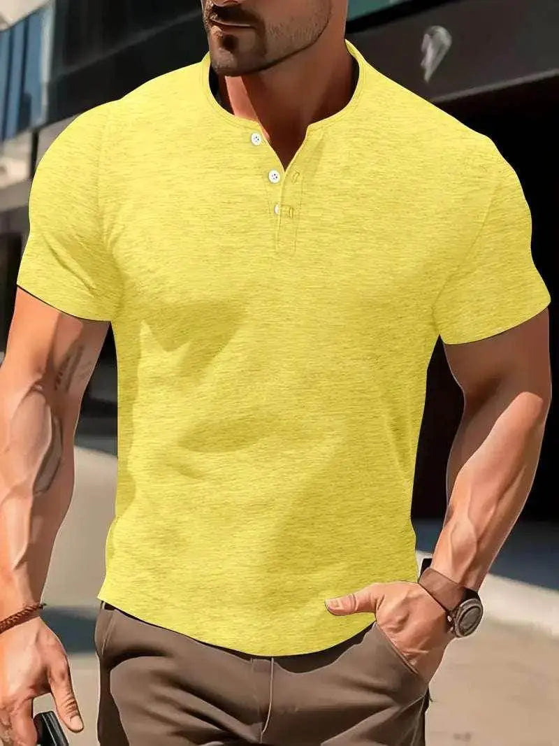 Men's slim fit yellow short sleeve shirt by ZA-Zola, casual street style fashion.