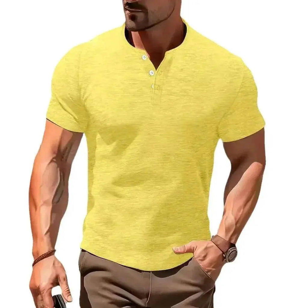 Men’s slim fit yellow short sleeve casual shirt from ZA-Zola, buttoned collar, worn with brown pants.
