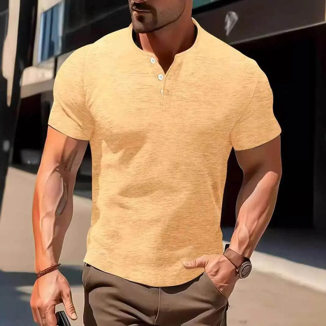 Men's slim fit casual short sleeve yellow shirt from ZA-Zola, styled outdoors.