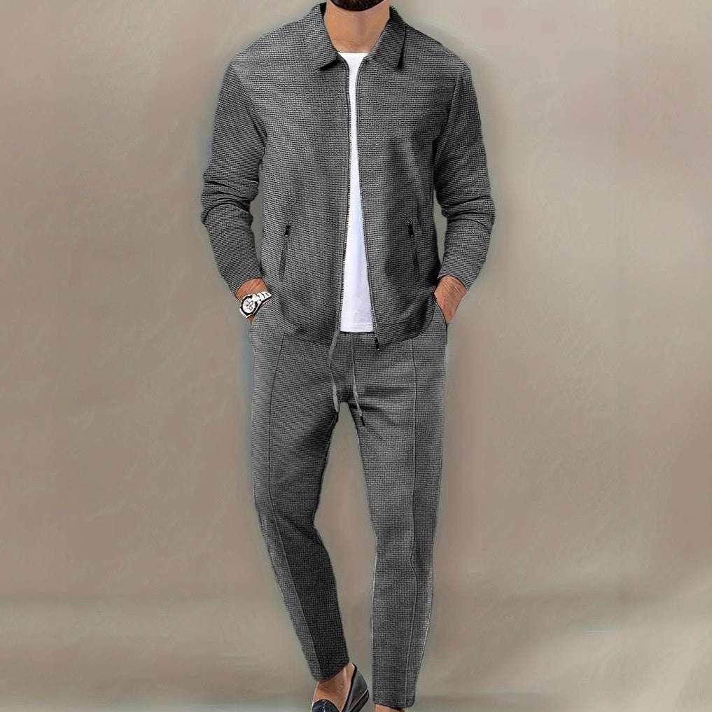 Men's slim fit gray zipper jacket set with white shirt, stylish ZA-Zola fashion apparel