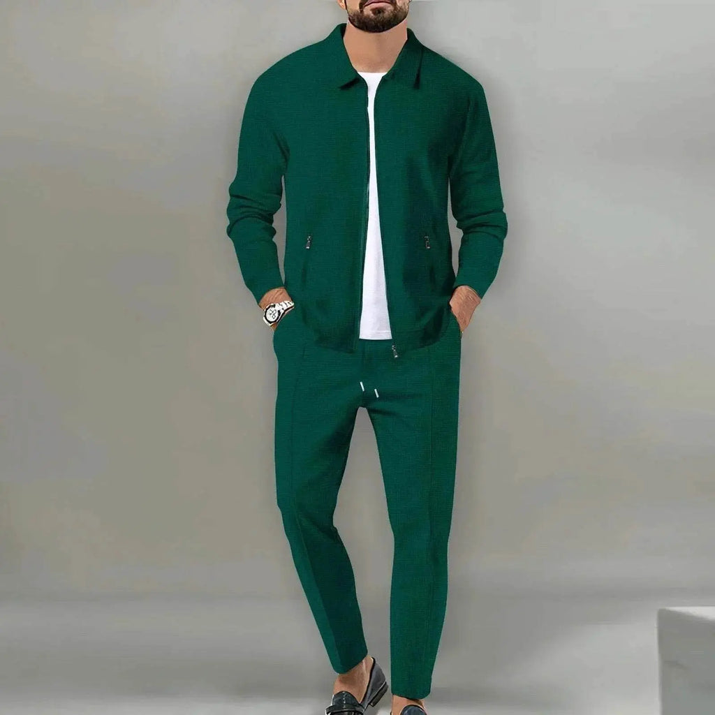 Men’s slim green zipper jacket set with white shirt by ZA-Zola, casual trendy outfit