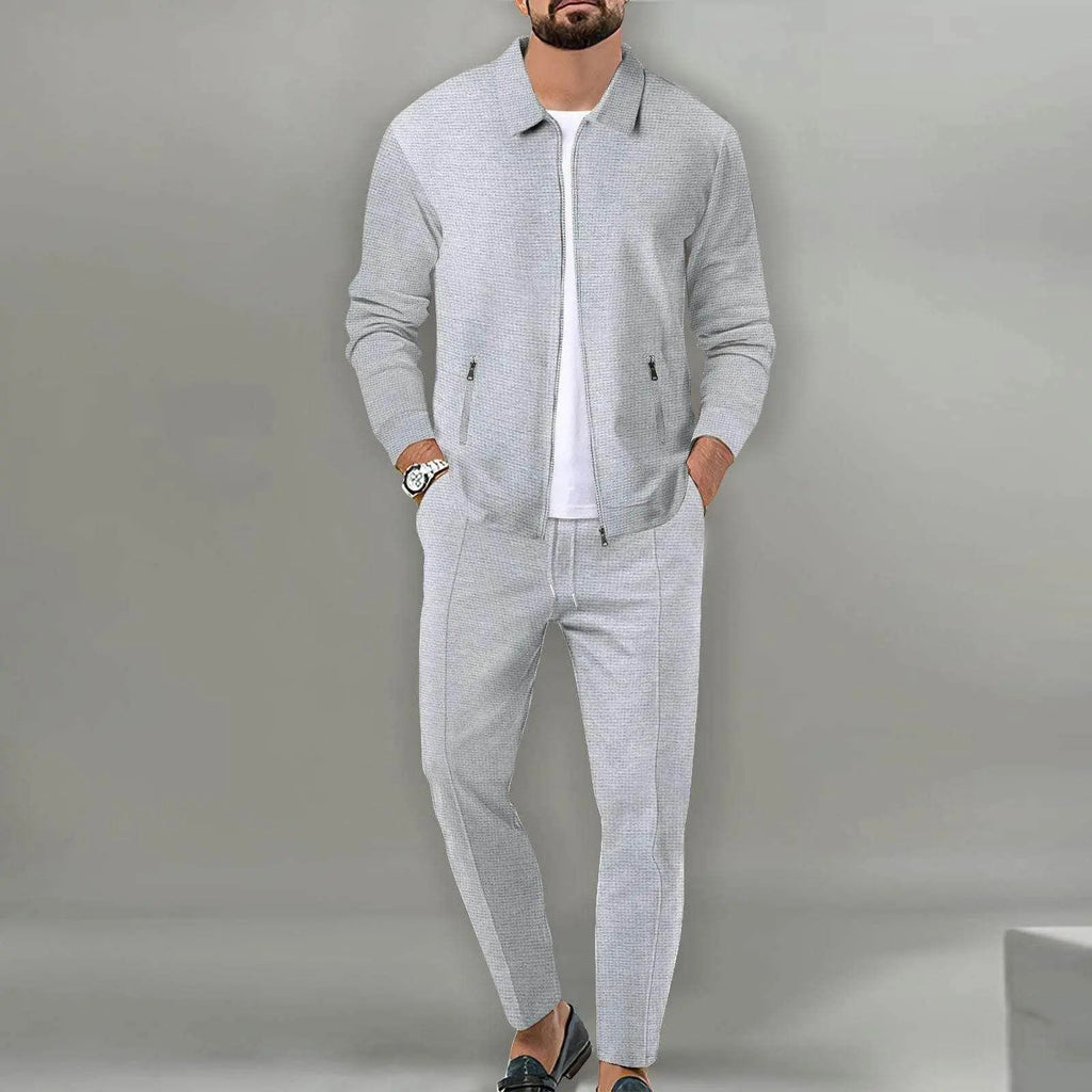 Men's slim fit light gray zipper jacket set from ZA-Zola, stylish modern outfit