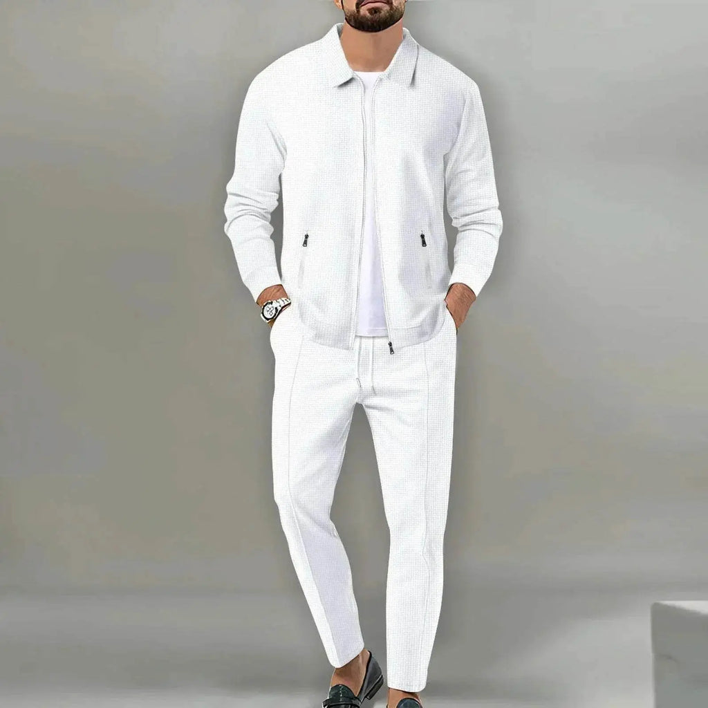 Men’s slim white zipper jacket set with pants from ZA-Zola, spring fashion apparel.