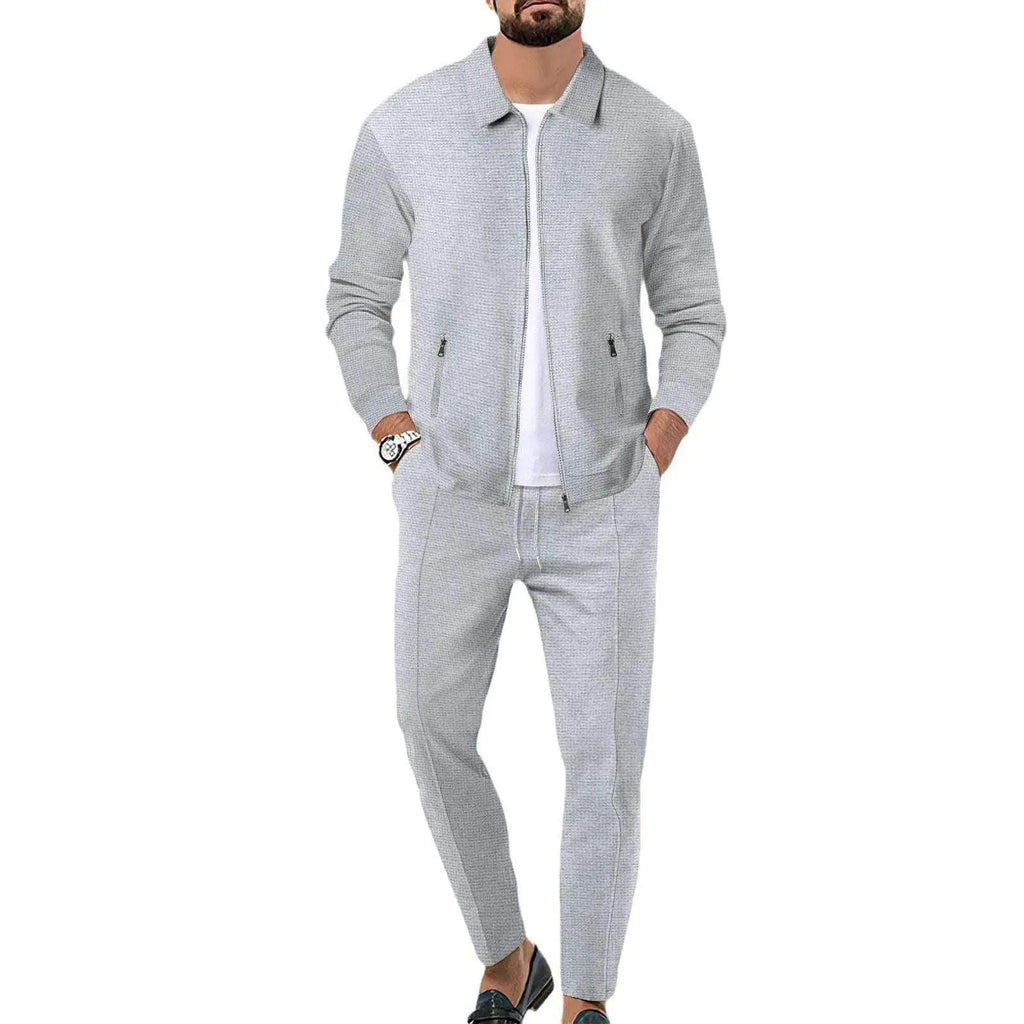 Men’s slim grey zipper jacket and pants set from ZA-Zola, modern spring fashion style.