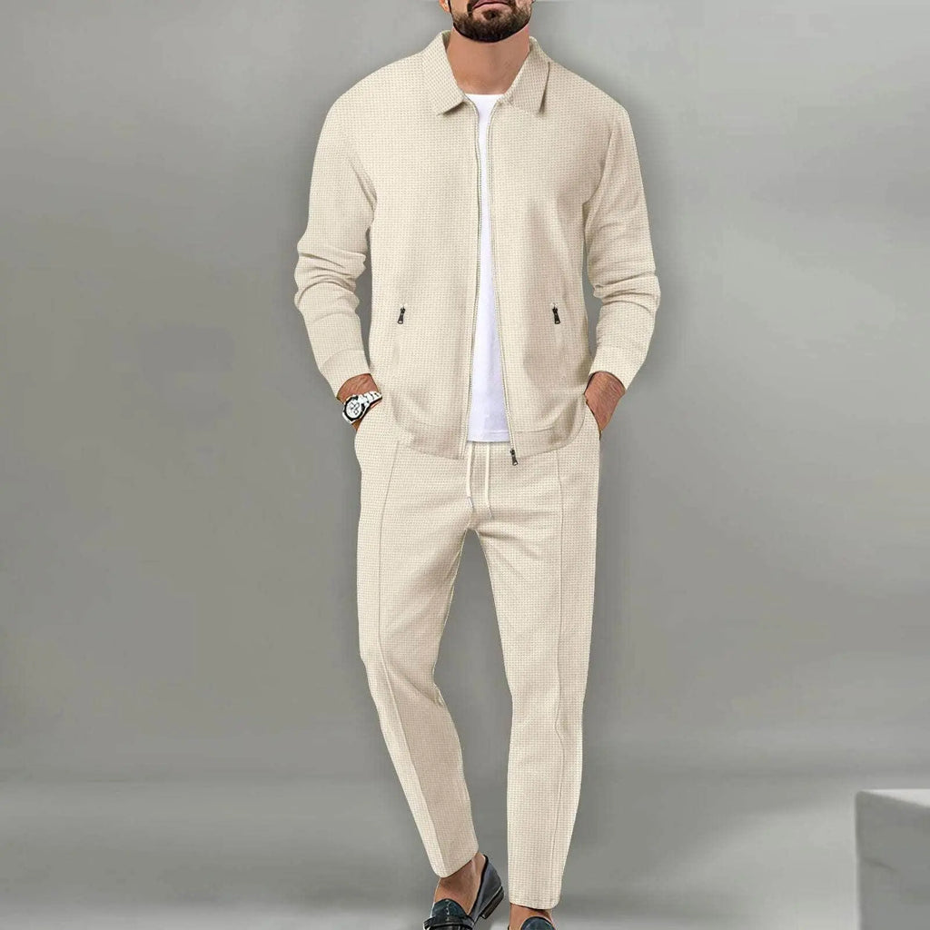 Men's slim fit beige zipper jacket set with pants, white tee, and loafers from ZA-Zola