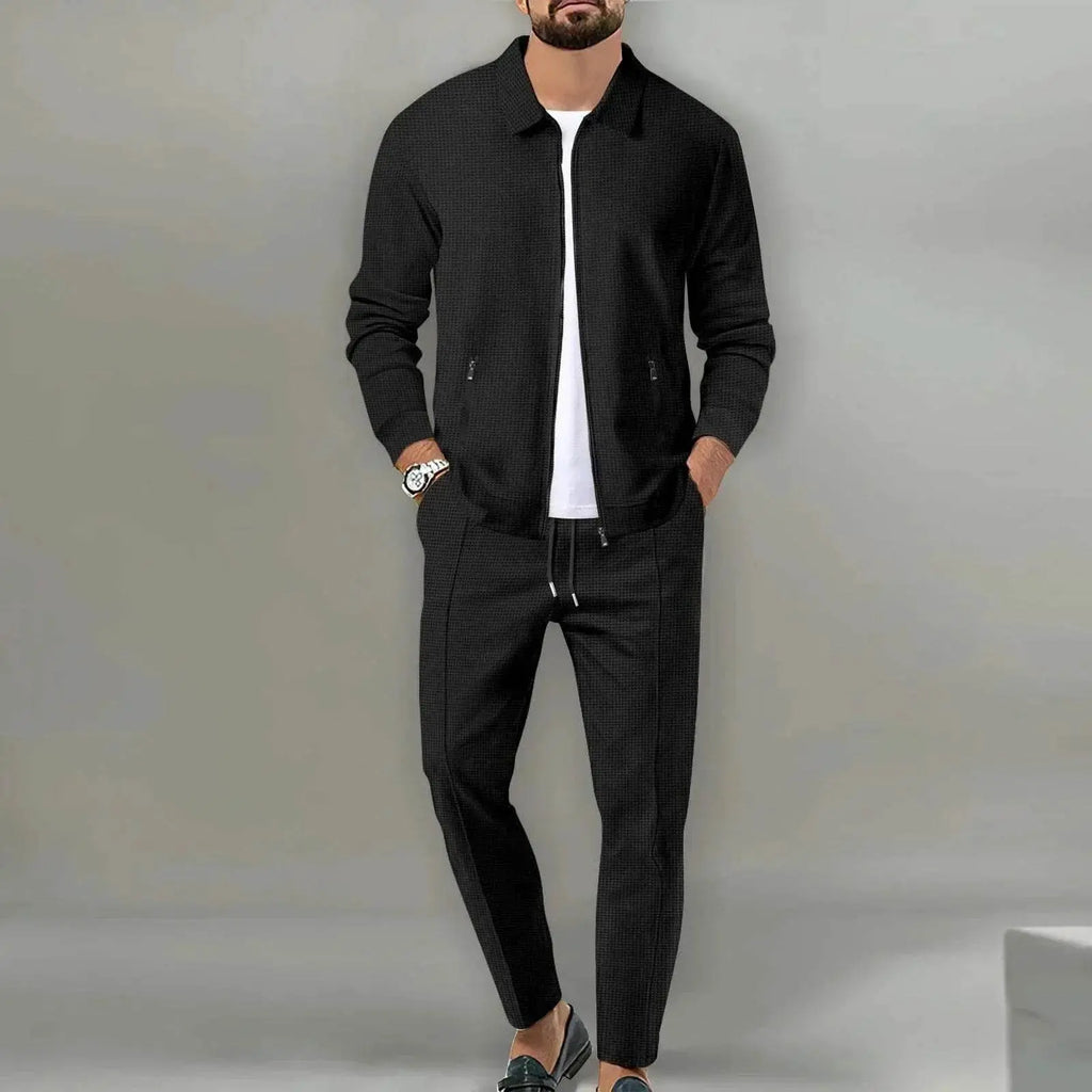 ZA-Zola men’s slim zipper jacket set in black, spring fit, casual fashion outfit