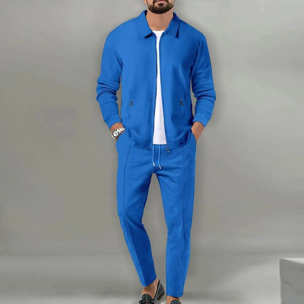 Men's slim blue zipper jacket set, modern spring fit, from ZA-Zola fashion collection.