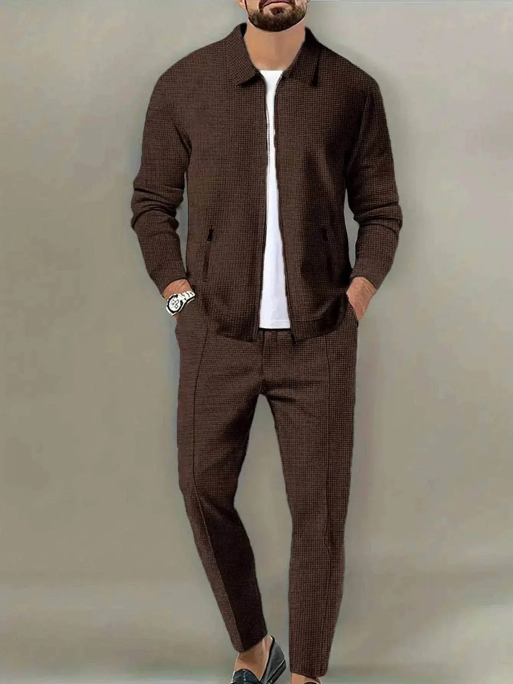 Men’s slim brown zipper jacket and pants set, white shirt, ZA-Zola spring fashion