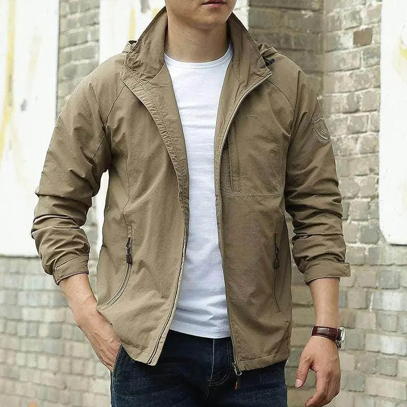 Men’s solid waterproof outdoor jacket in khaki, styled casually, ZA-Zola fashion UK