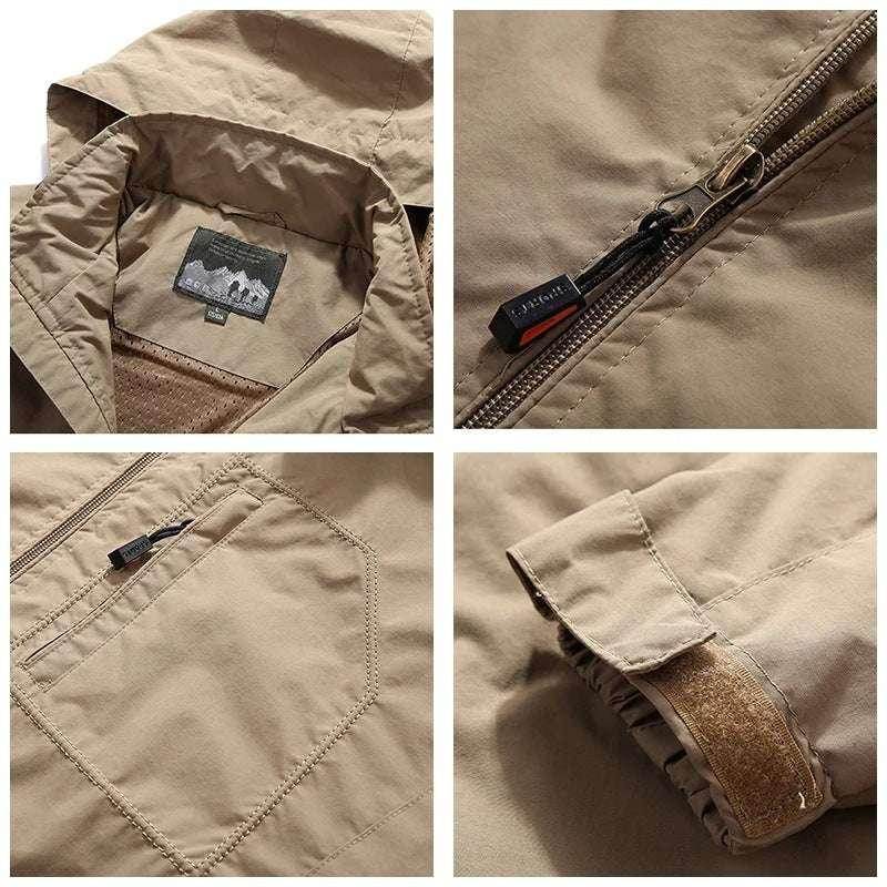 Men's solid tan waterproof outdoor jacket with hood, zipper, pocket, and adjustable cuff, ZA-Zola