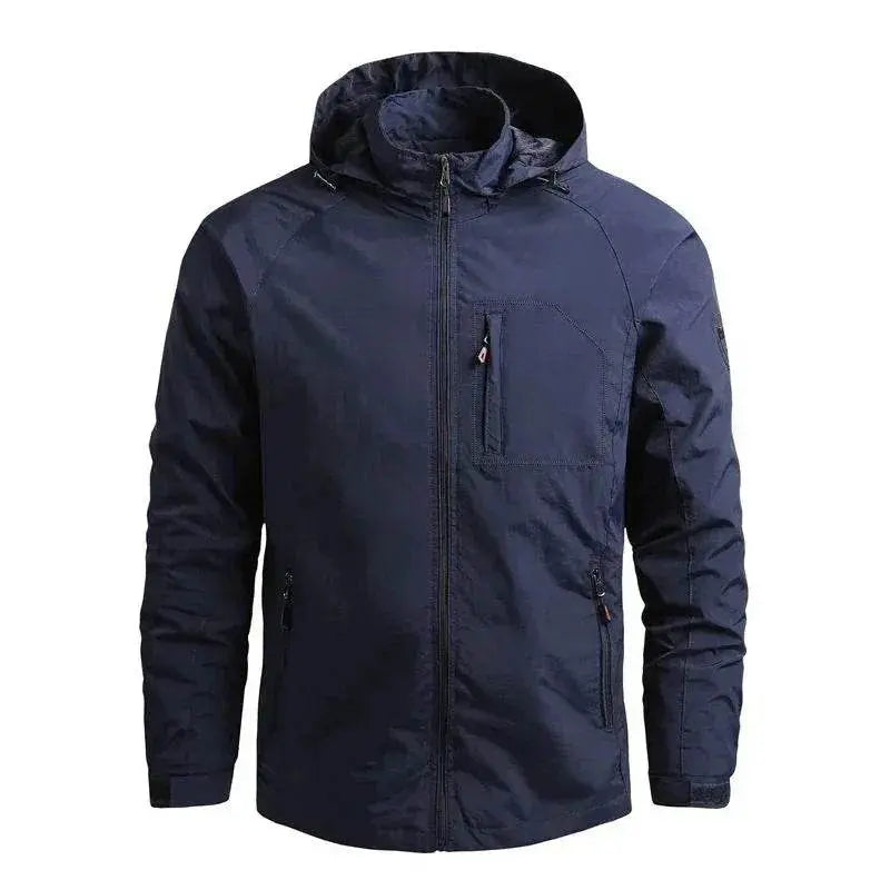 Men’s solid navy waterproof outdoor jacket with hood by ZA-Zola on white background
