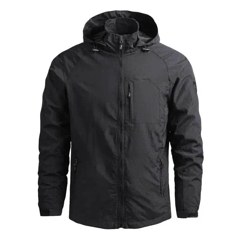 Men's black waterproof outdoor jacket with hood, front zipper, ZA-Zola fashion UK