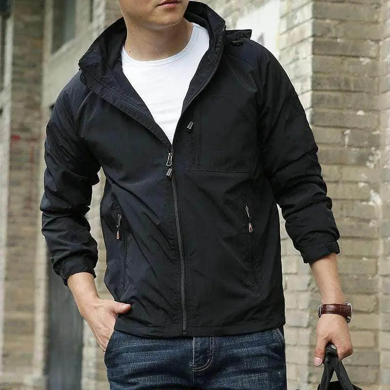 Men's solid black waterproof outdoor jacket from ZA-Zola, casual street style
