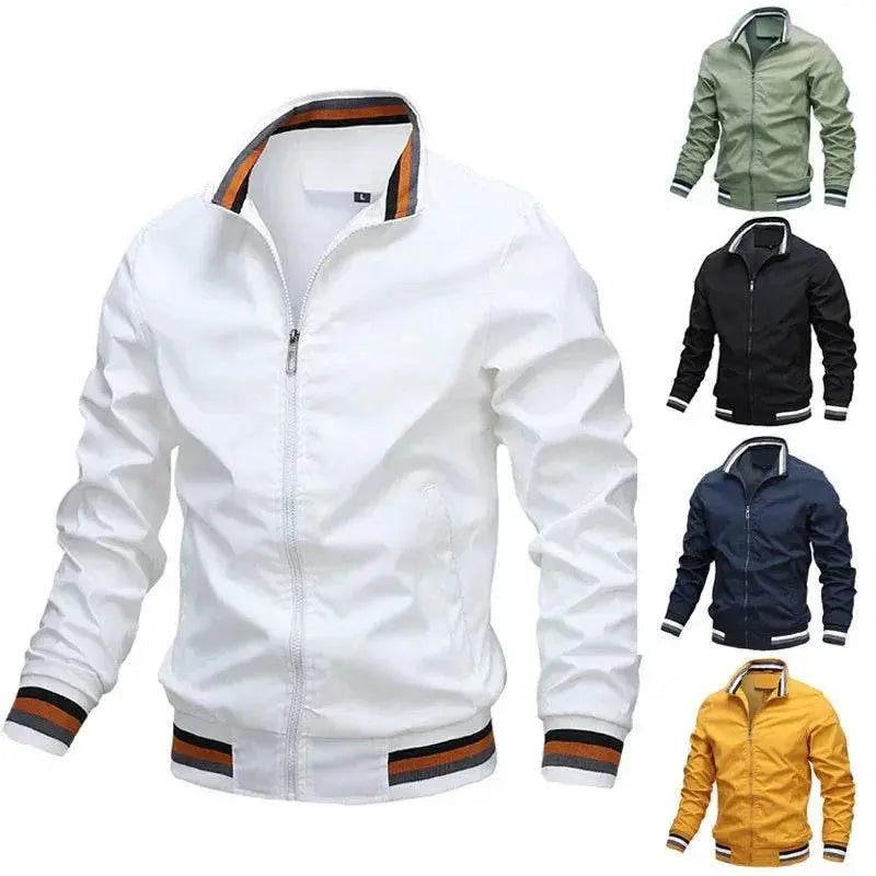 Men's solid zip-up sports jackets in white, black, navy, olive, and yellow from ZA-Zola.