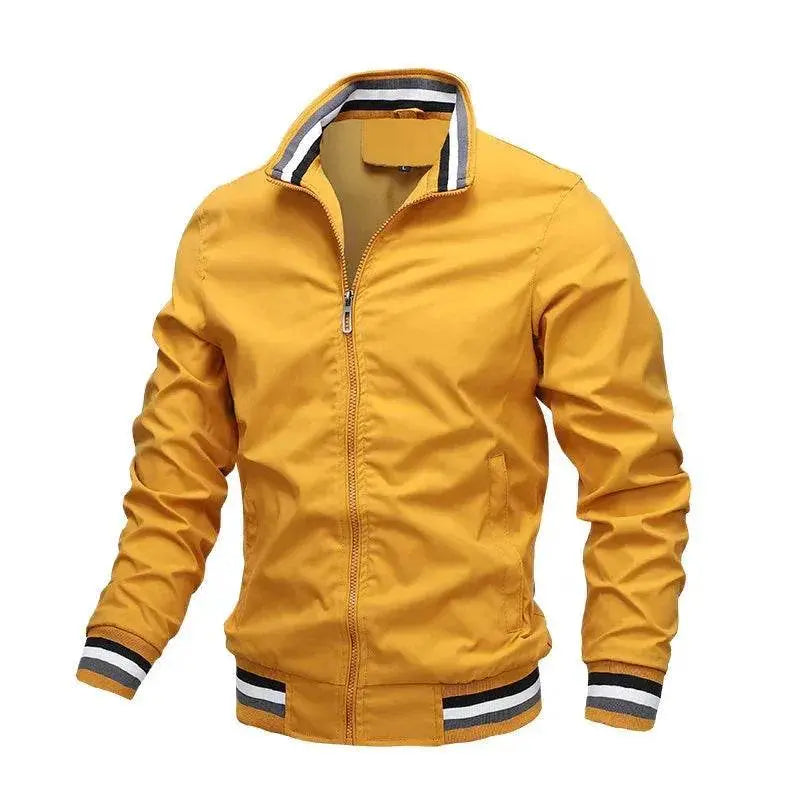 Men's yellow zip-up sports jacket with striped cuffs and collar, ZA-Zola streetwear