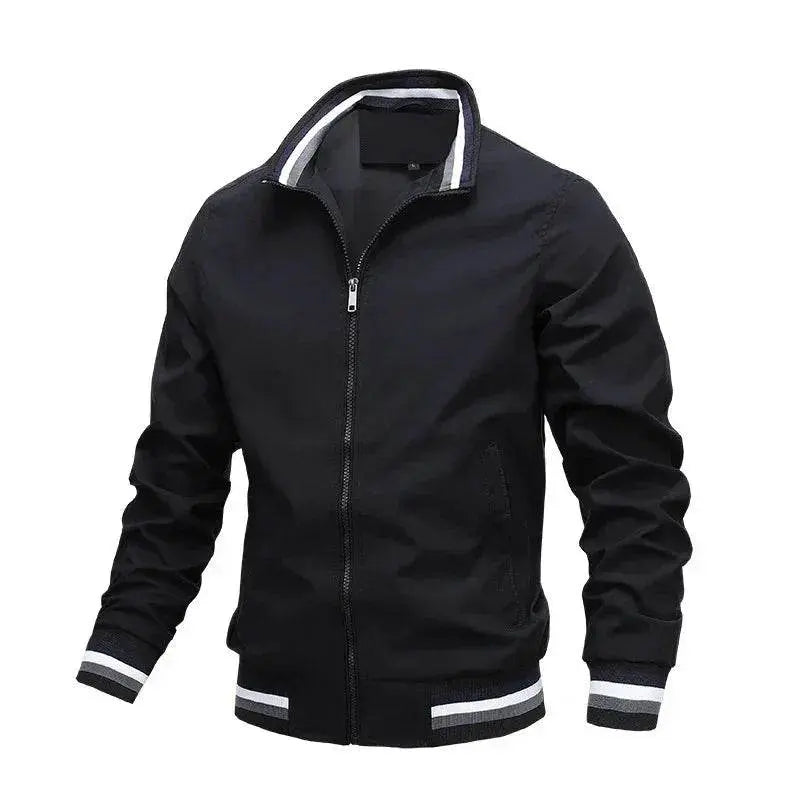 Men's solid black zip-up sports jacket with white striped cuffs and collar, ZA-Zola fashion
