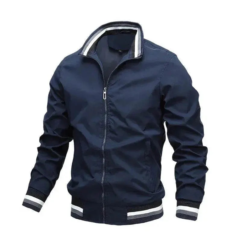 Men’s navy solid zip-up sports jacket with striped collar and cuffs, ZA-Zola fashion