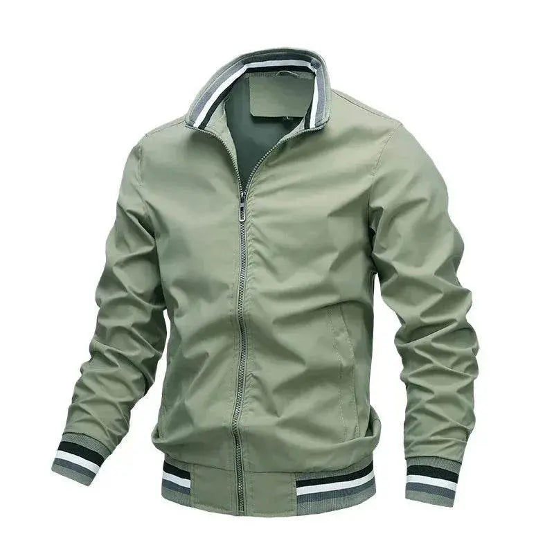 Men's solid light green zip-up sports jacket with striped collar and cuffs, ZA-Zola fashion