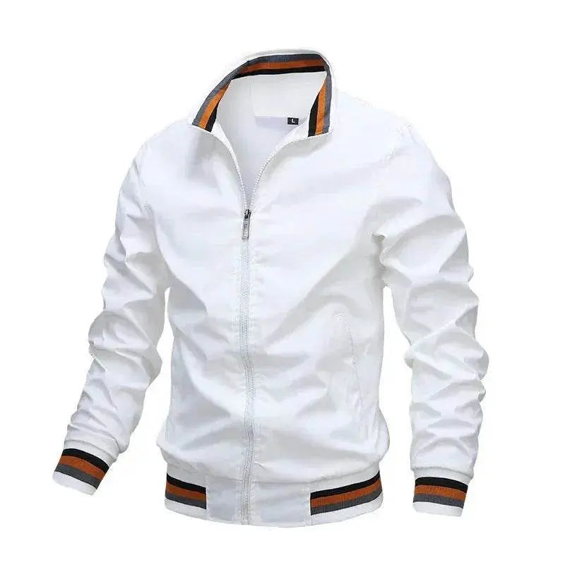 Men's solid white zip-up sports jacket with striped collar and cuffs, ZA-Zola fashion