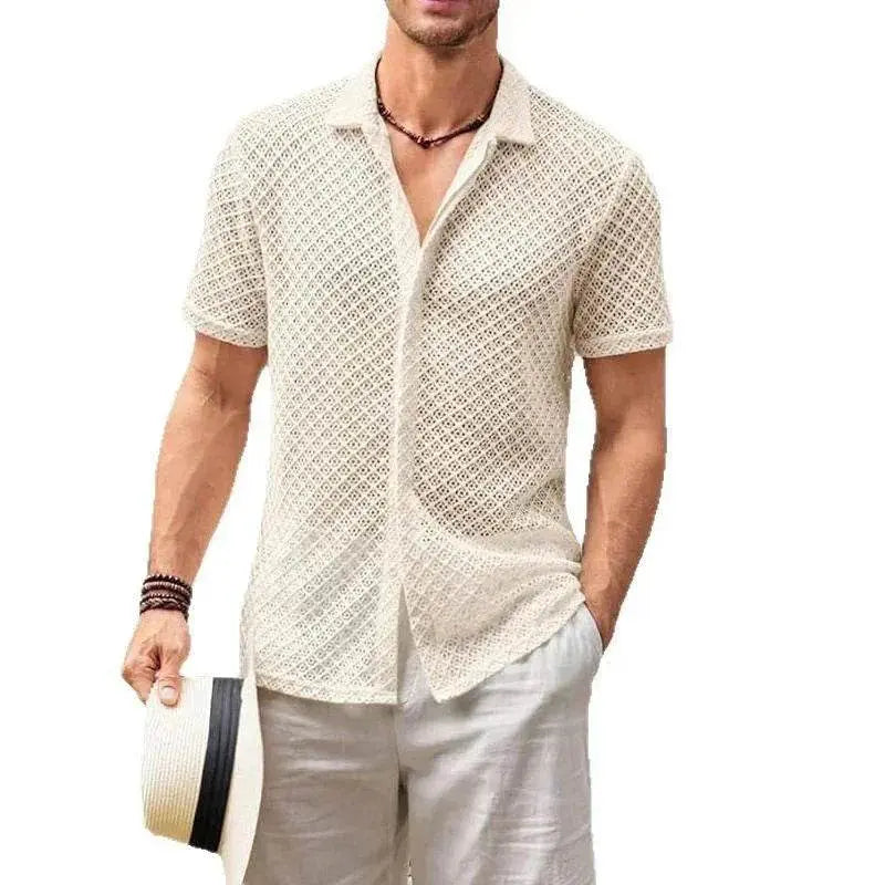 Men's summer mesh button shirt in cream, short sleeves, beach style at ZA-Zola UK