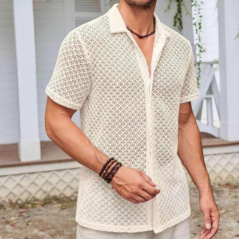 Men's summer mesh button shirt in cream, beach style, ZA-Zola fashion apparel