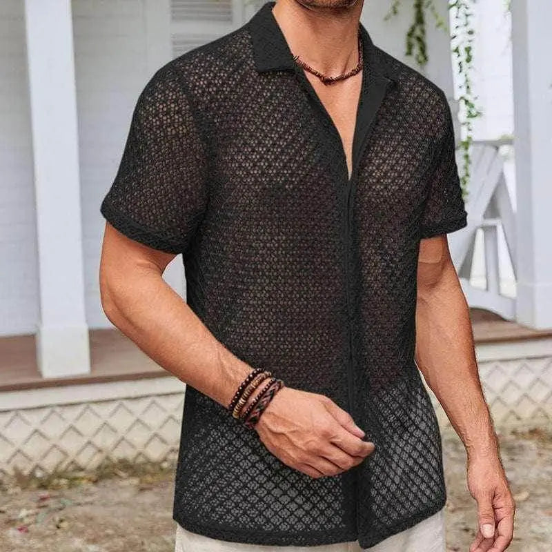 Men's black summer mesh button shirt from ZA-Zola, short sleeve, beach style
