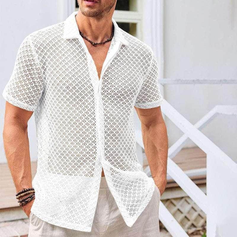Man wearing a white mesh button shirt and beige shorts, summer fashion by ZA-Zola
