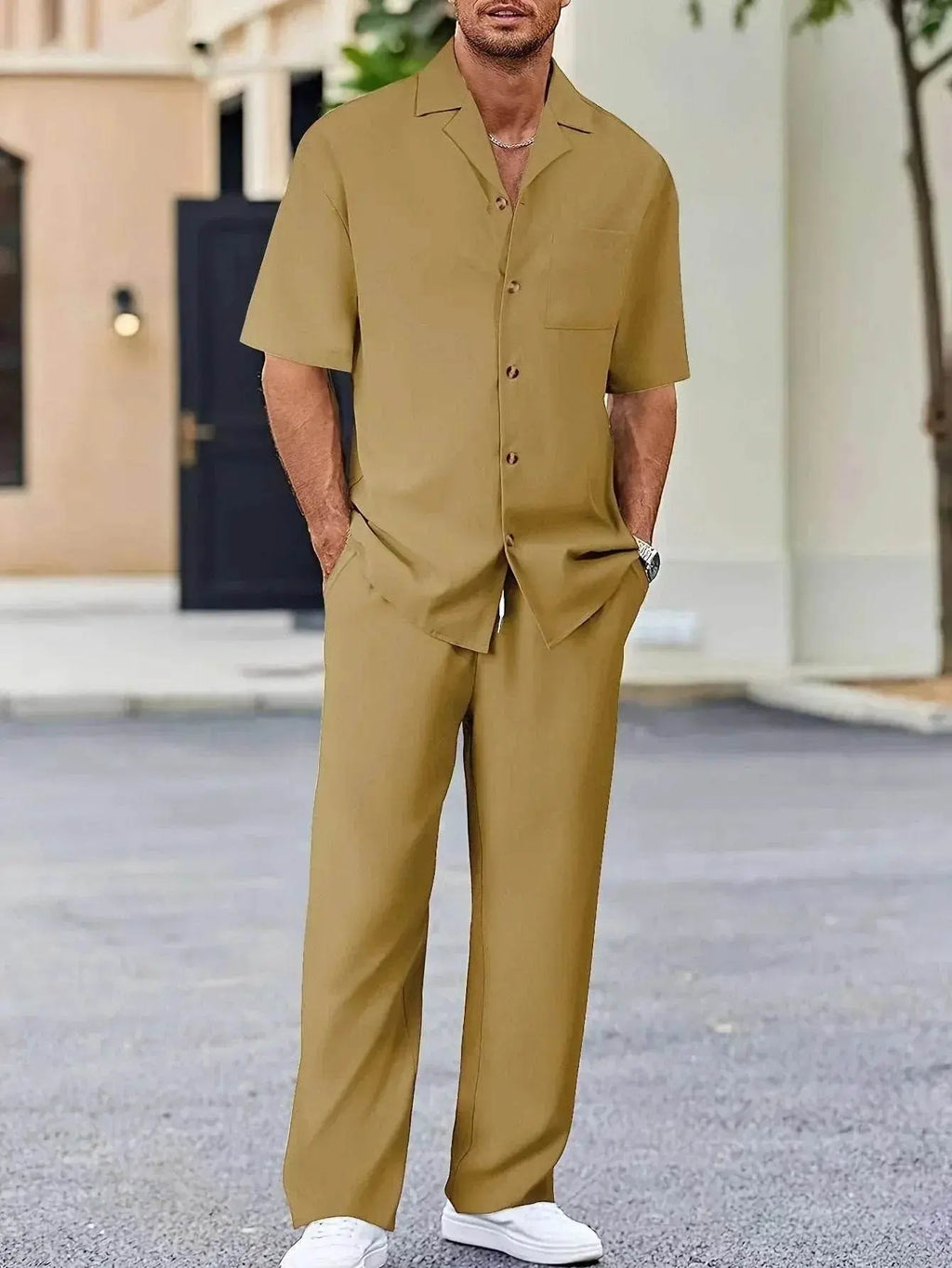 Men's summer khaki shirt and trousers set, short sleeve, ZA-Zola fashion, outdoor scene